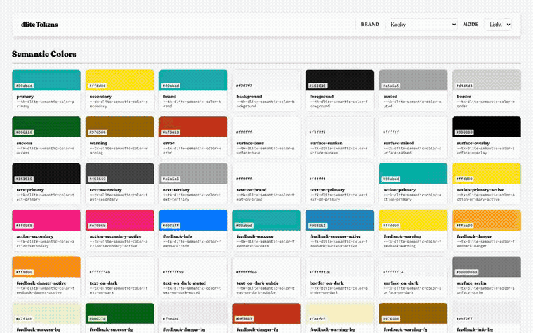 Cycling through the live token preview: Kooky (teal/yellow) in light and dark, Sneaks (near-monochrome ink + red) in light and dark, Puente (blue/yellow) in dark, and Survivor's Jungle theme (green) in light
