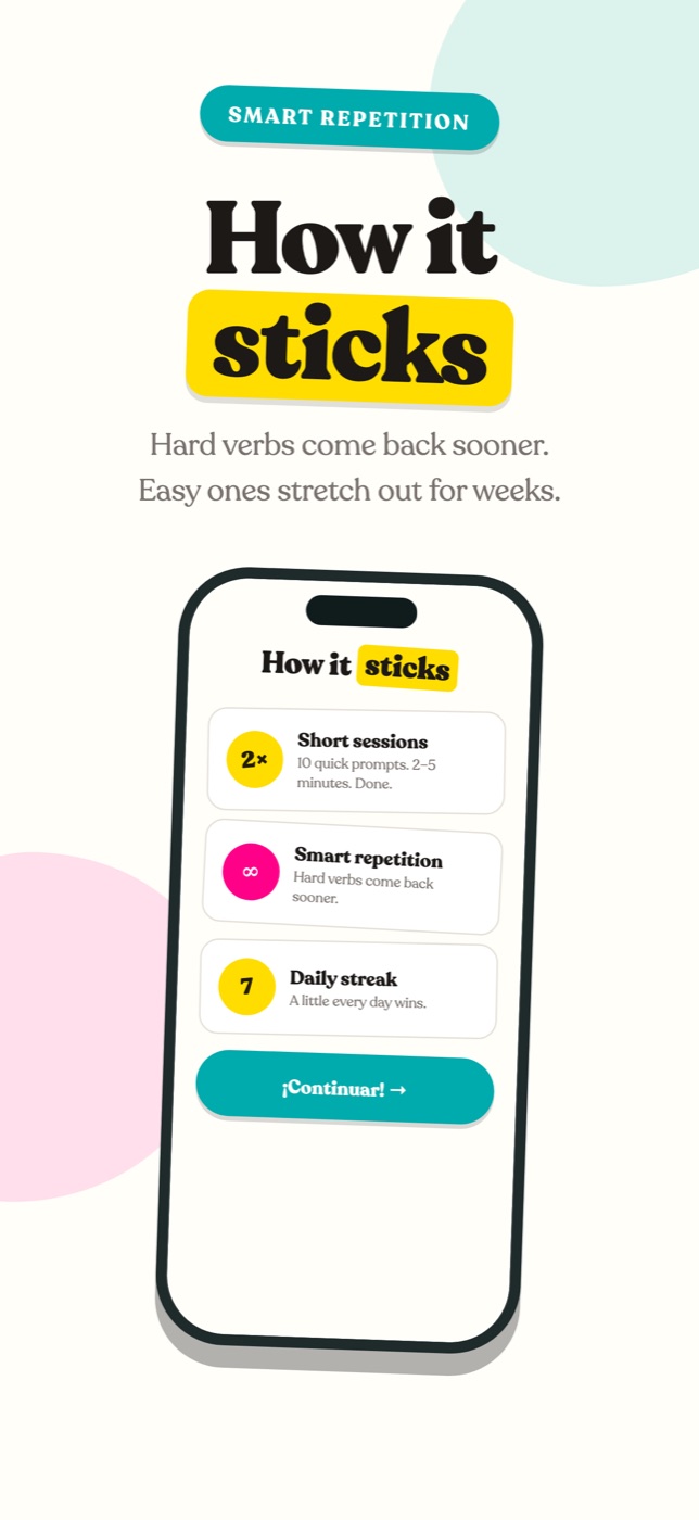 How it sticks: short sessions, smart repetition that brings hard verbs back sooner, and a daily streak