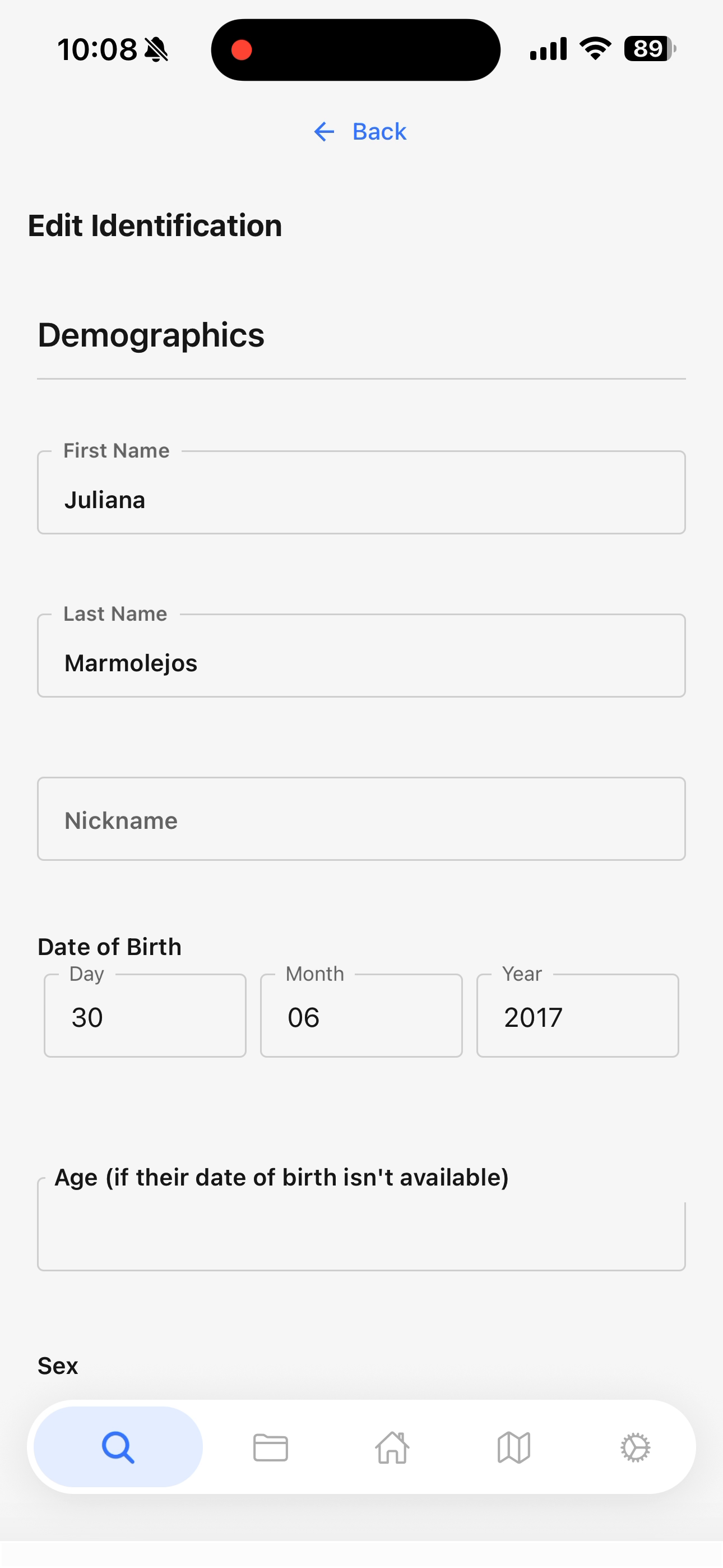 Edit Identification form pre-populated with an existing resident's demographics, ready to correct in place