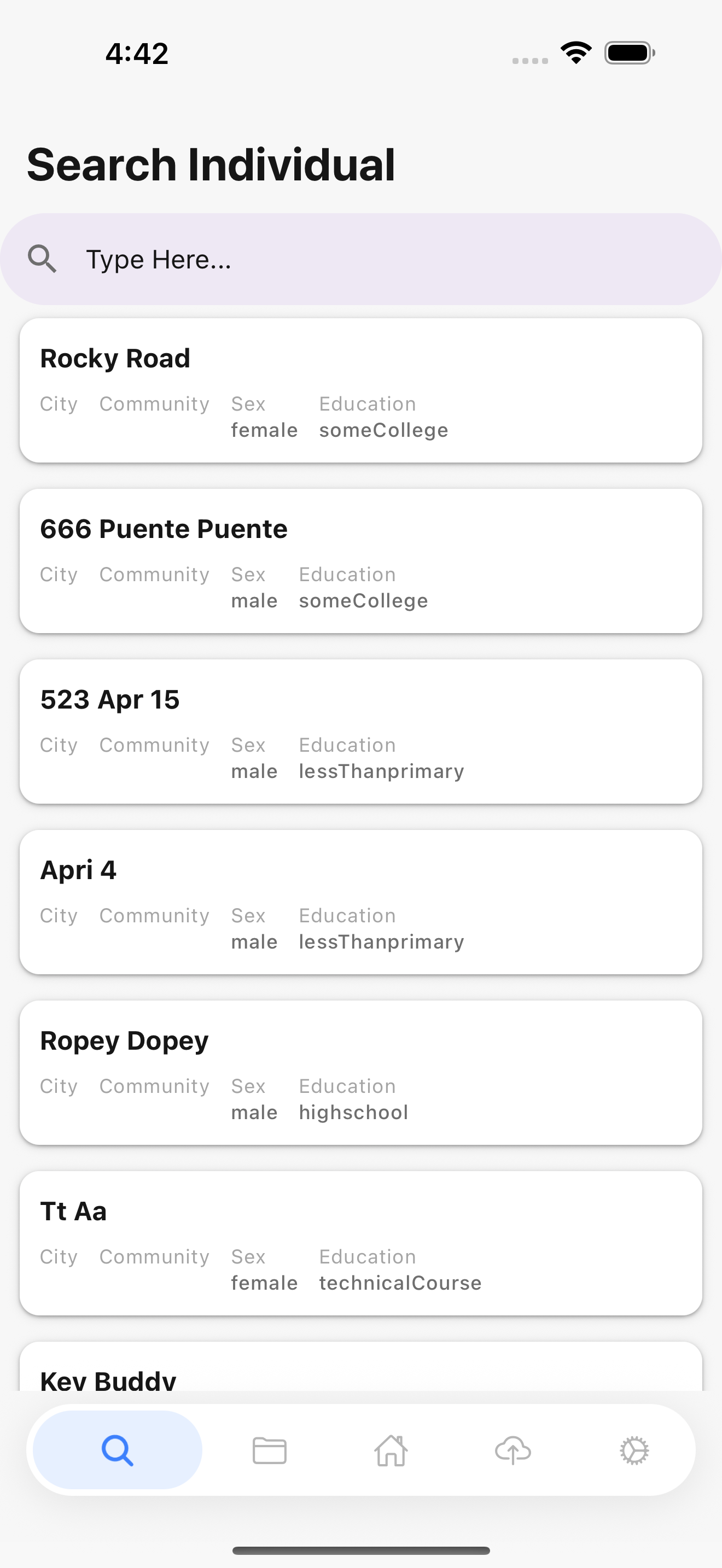 Find Records screen showing a searchable list of resident records