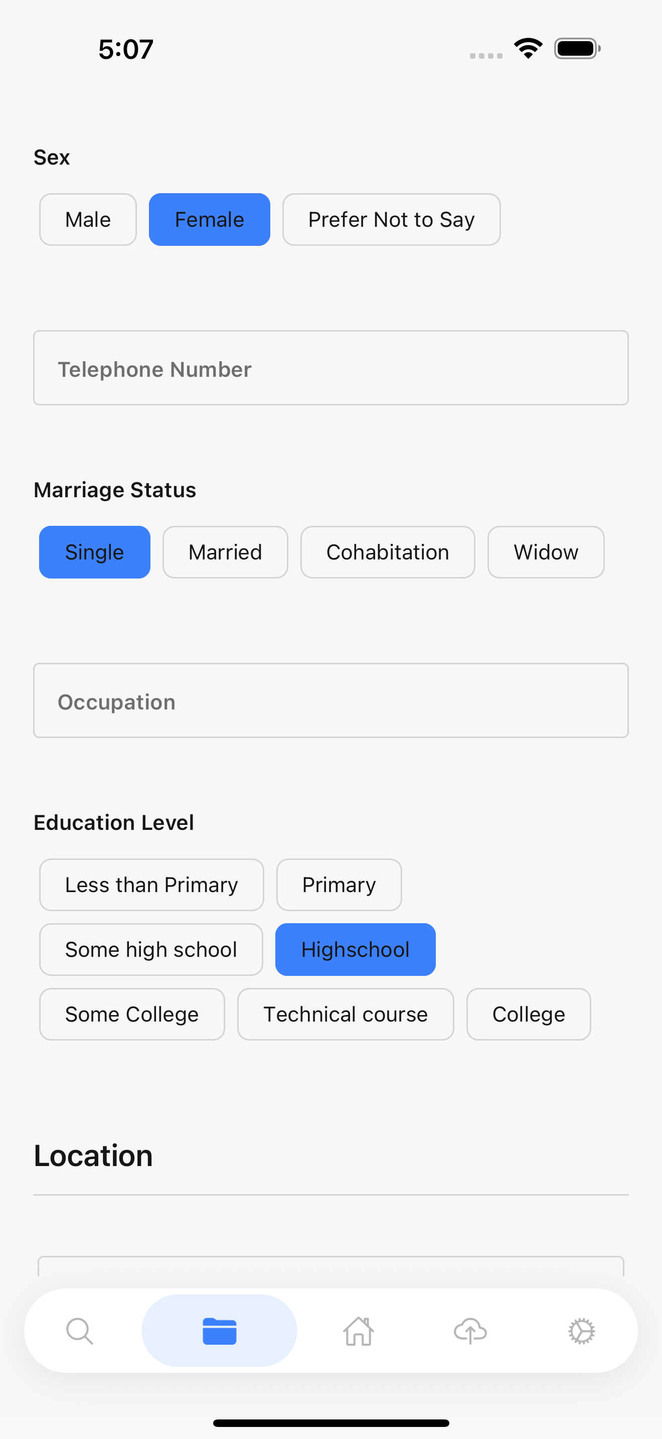 Resident ID form with demographics filled in: sex, marriage status, and education level selected