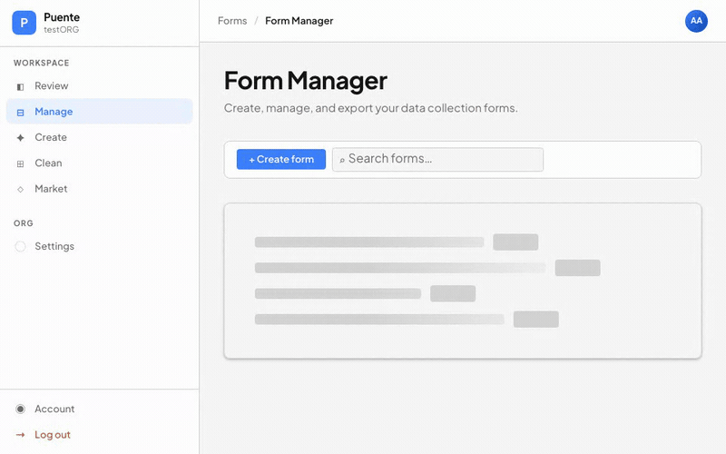 Form Manager loading then showing a table of built-in Puente forms (SurveyData, HistoryEnvironmentalHealth, Vitals, EvaluationMedical)