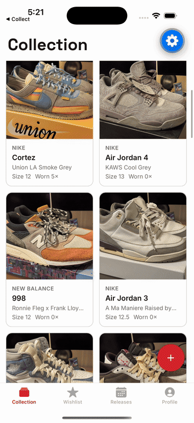 Scrolling the Collection tab's two-column grid of sneaker cards, then tapping into a Nike Dunk Low SB to see its full detail view: size, box status, and a wear counter