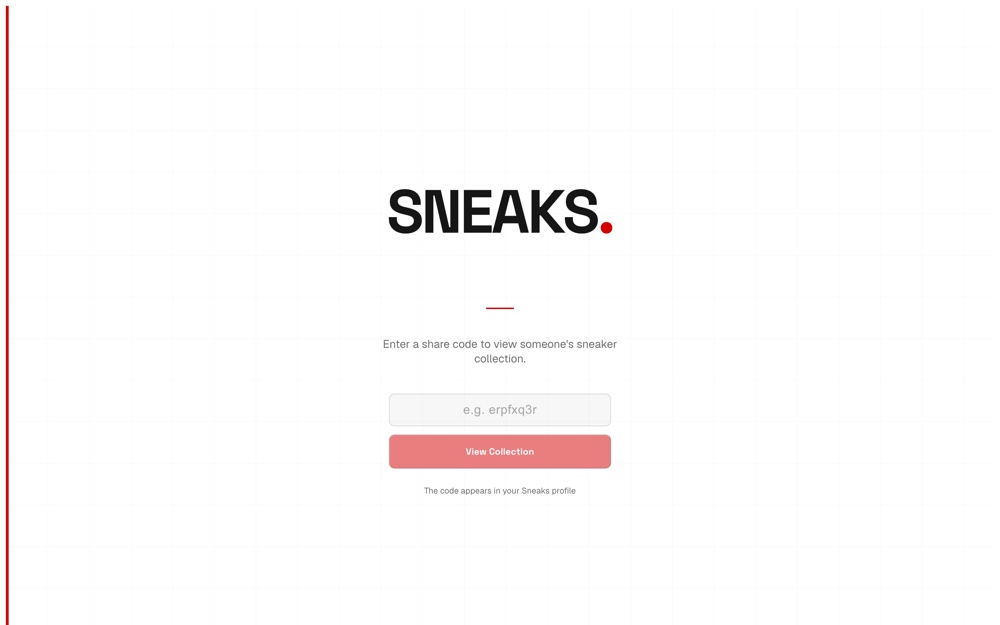 Sneaks web landing page: a grid-lined background, the SNEAKS wordmark with a red dot, and a form to enter a share code