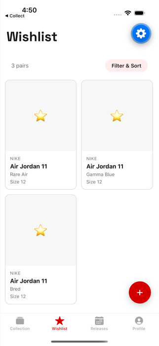 Wishlist tab showing three wanted pairs, all Air Jordan 11 colorways: Rare Air, Gamma Blue, and Bred